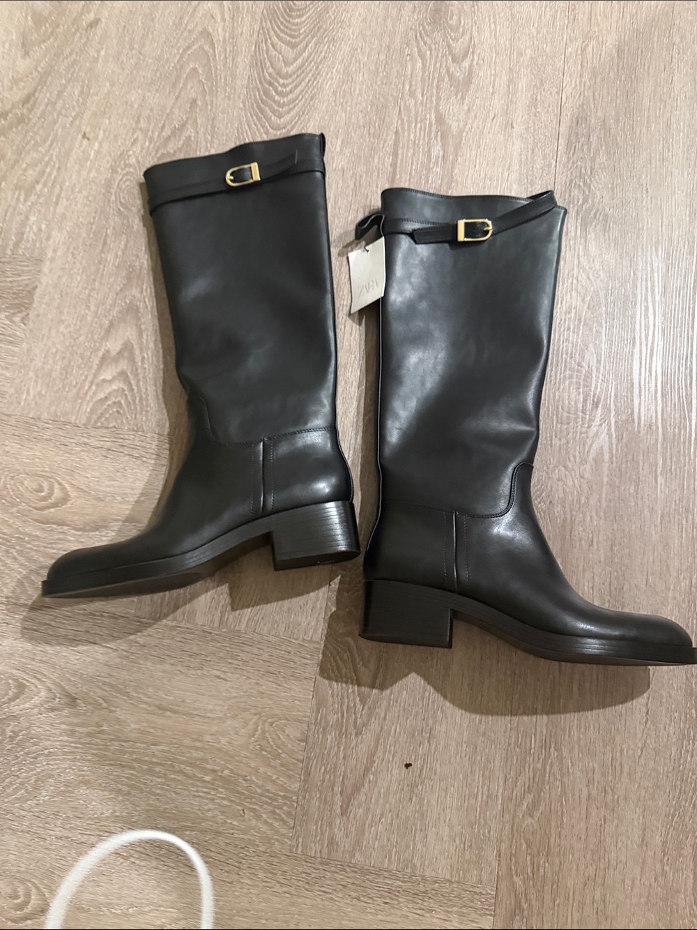 Zara Classic Black Leather Mid-Calf Boots with Gold Buckle